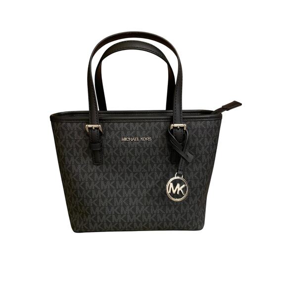 Michael Kors Jet Tote Bag Black Saffiano Logo Purse Satchel Handbag MK Charm - Picture 2 of 11